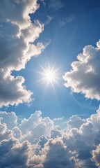 Aged paper, vibrant blue sky, fluffy clouds, sunbeams ,  distressed,  graphic,  old