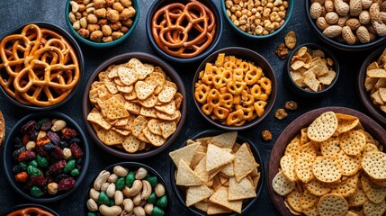 Assortment of Savory Snacks Displayed in Bowls on a Dark Textured Surface