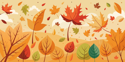 Falling autumn leaves on warm earthy background with soft breeze motion.