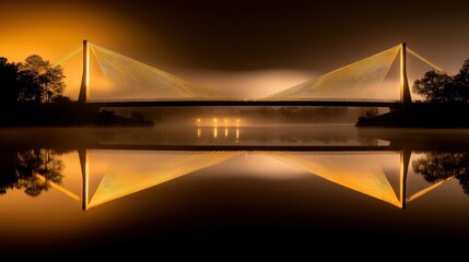 Fototapeta premium A long suspension bridge with vibrant lighting reflected in water