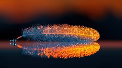 A glowing feather reflecting on a smooth dark surface is depicted