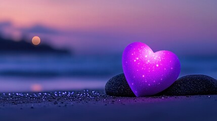 A Glowing Heart Shines Upon Beach Rocks During Sunset