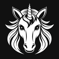 Elegant Black & White Unicorn Head Profile with Intricate Mane and Horn Detail