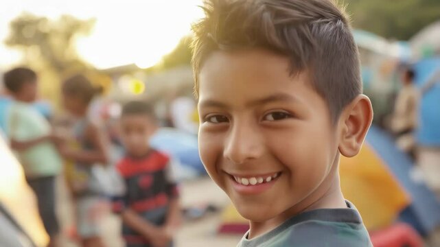 Smiling latin american boy playing with colorful toy, standing in refugee camp, representing childhood resilience during challenging humanitarian conditions