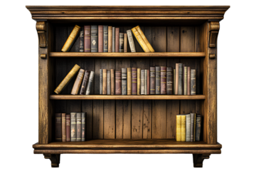 A wooden bookshelf with books on it, in a 3D icon style, with a transparent background