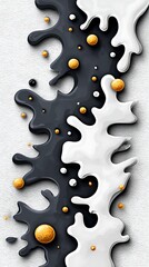 Fototapeta premium An abstract design featuring splashes of black and white with golden spheres, creating a dynamic visual contrast and modern aesthetic.