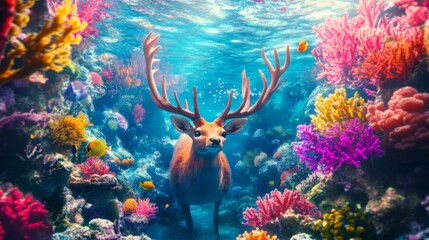 Deer standing in vibrant coral reef underwater. Fantasy art of stag swimming among colorful fish and coral. Digital painting of aquatic wildlife fantasy concept.