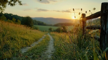 Obraz premium A rural path leads towards the setting sun over rolling hills