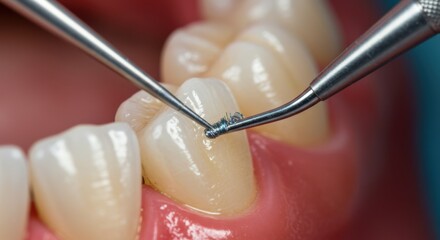 Dental procedure with metal instruments on teeth