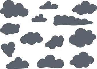Set of cloud shapes, dark storm clouds in hand drawn, doodle style. Suitable for weather designs, stickers, print and digital decoration. White background.