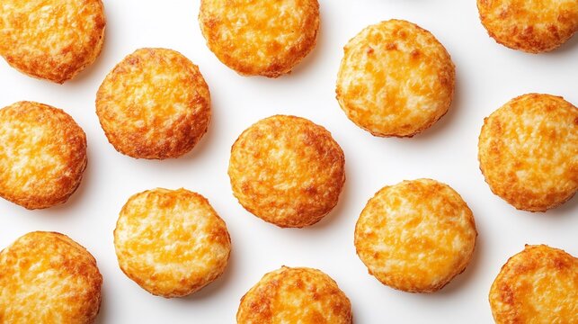Overhead shot of Belizean Johnny cakes white background golden brown round biscuits served cheese or ham traditional Creole breakfast item flaky and rustic cut out on isolated transparent background