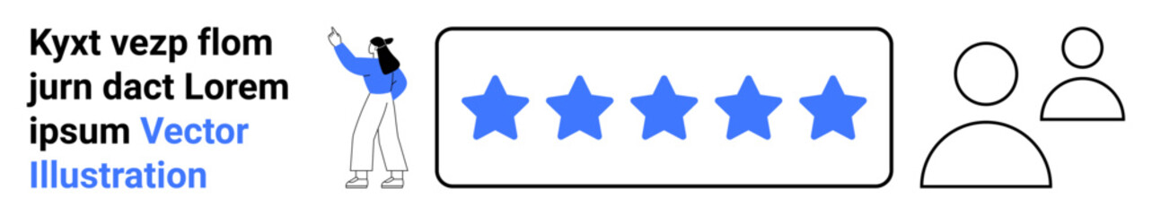 Person gesturing at a five-star rating alongside user profile icons. Ideal for customer feedback, quality evaluation, satisfaction, user review, business performance, website interface, simple