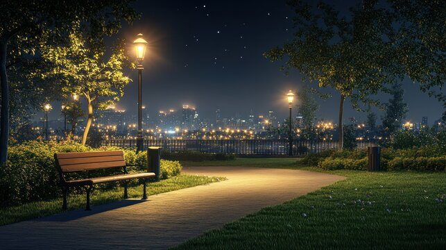 Serene night scene showcasing a bench overlooking a distant city skyline