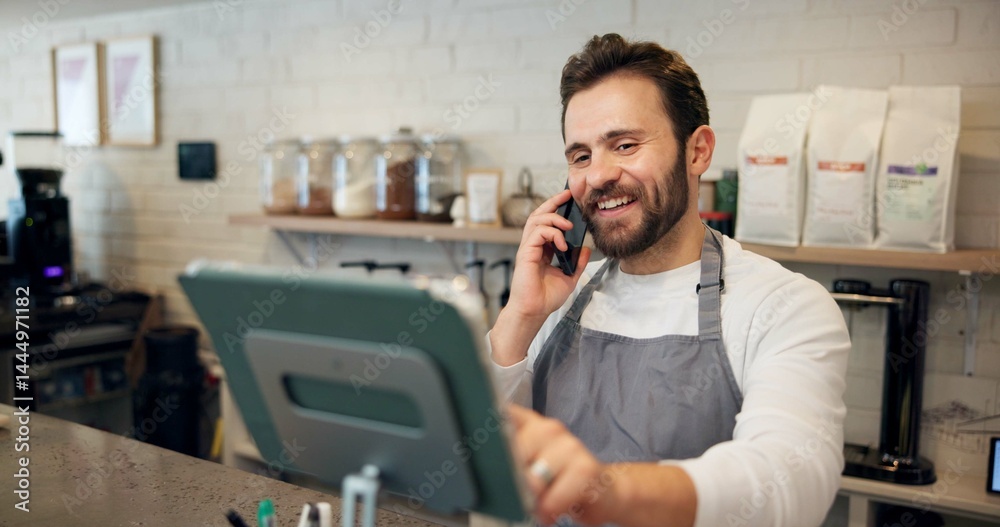 Poster man, waiter and tablet with phone call at cafe for online order, customer reviews and confirm takeaw