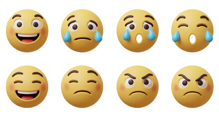 A variety of 3D emoji faces expressing emotions from joy to anger and sorrow, rendering of digital icons on a clean black background.