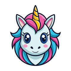 Cartoon Unicorn Face Illustration, Cute Animal Icon with Pink and Blue Mane, White Background
