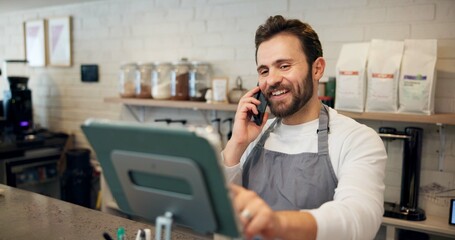 Man, waiter and tablet with phone call at cafe for online order, customer reviews and confirm...