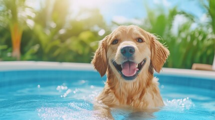A happy golden retriever swimming and playing in a bright blue swimming pool on a sunny day, enjoying summer fun and refreshing water.