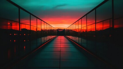 A long glass walkway reflecting an amazing colorful sunset landscape