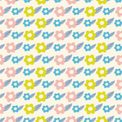 Colorful daisy flowers summer seamless pattern. Flourish art on beige background. Floral Easter vector