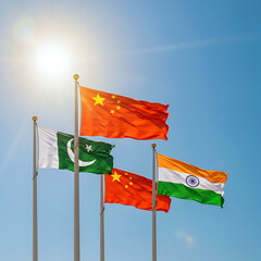 flag of tunisia waving in the wind, flag of china and Indian, flags of the world, Pakistan India and China flag background sky blue