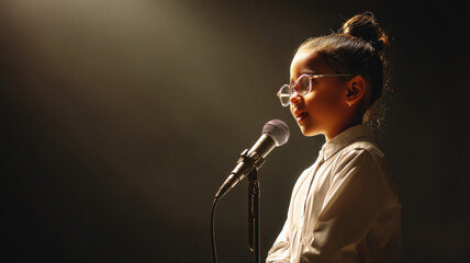 A modern digital artwork showcasing confident girl speaking into microphone on dark stage, ideal for creative, commercial, or editorial purposes.