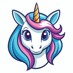 Cartoonish Unicorn Face White Fur, Blue Mane, Pink Highlights, Golden Horn, Cute Eyes