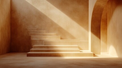 Beige Stone Steps and Archway in Sunlit Room