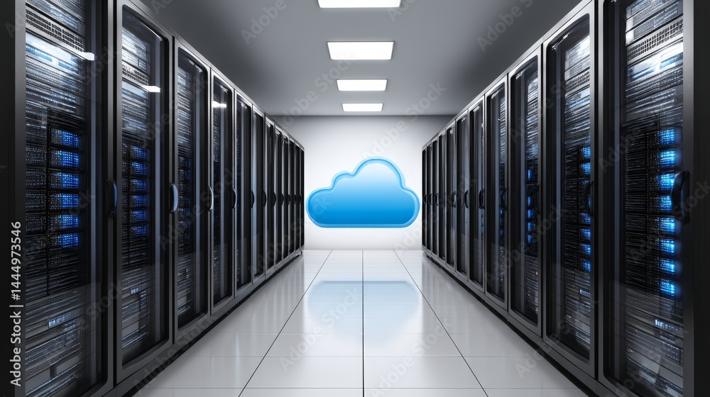 Poster cloud server room data center - rows of black servers in a modern data center with a cloud icon on t