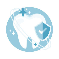 Protected tooth with shield and checkmark. Dental care, strong enamel, and healthy teeth concept. Vector illustration isolated on white background.