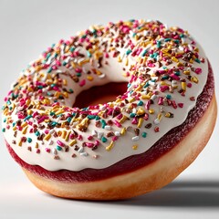 Red and white frosted donut with colorful sprinkles on grey background, vibrant and appetizing dessert