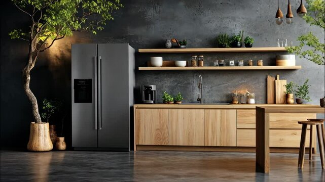 A modern kitchen with ambient lighting and wood cabinets. 