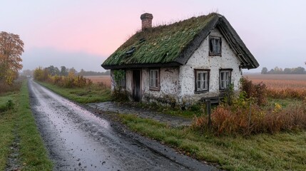 Obraz premium A rustic cottage sits beside a muddy rural country road