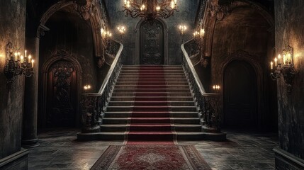 Grand eerie staircase with vintage chandeliers and detailed architecture