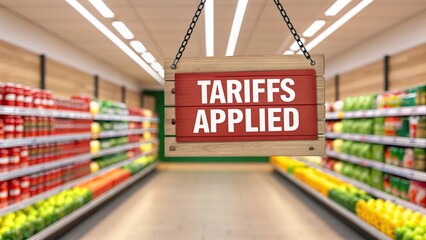 A grocery store aisle with a sign reading "TARIFFS APPLIED" hanging in the foreground.