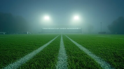 Obraz premium Foggy night football field, stadium lights, game preparation