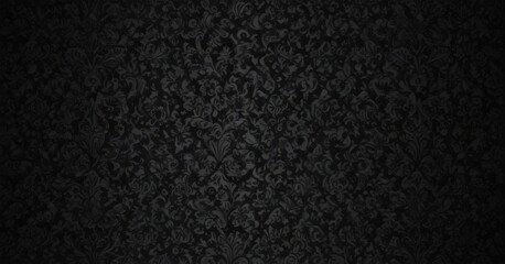 Black damask pattern, swirling arabesques, deep shadows , texture, graphics, digital
