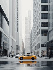 Fototapeta premium Yellow self-driving taxi on wet street in futuristic monochrome cityscape