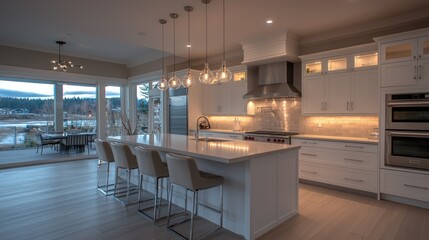 Fototapeta premium Beautiful modern kitchen with a large island and outdoor view