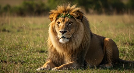 Obraz premium Lion with green leaf crown resting in grass
