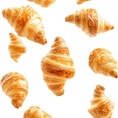 flying falling croissants isolated on a transparent surface, cut out