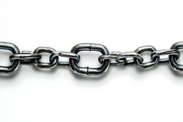 Obraz premium Metal chain links lying horizontally on a white surface, close up