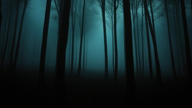 A misty forest scene with tall trees in the darkness