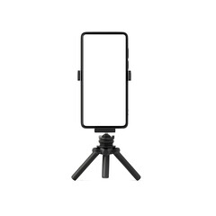 Smartphone on mini tripod in vertical orientation with blank transparent screen isolated on transparent background