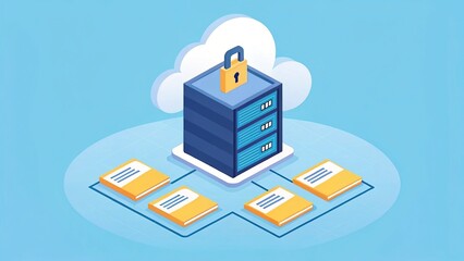 cybersecurity antivirus compliance, Illustration of secure cloud data storage with connected files, showcasing data protection and networked document access.