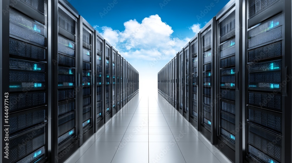 Poster data center server room corridor - rows of modern servers in a large data center, extending towards 