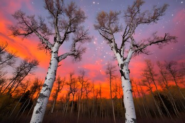 Obraz premium Majestic Aspen Trees at Sunset with Starry Night Sky Witness the breathtaking beauty of nature's colorful spectacle