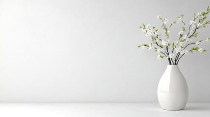 Fototapeta premium A white ceramic vase with delicate blossoming branches on a minimalist white surface, elegant floral arrangement, and simple and serene interior decor concept.