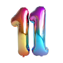 3d balloon letter 11 in holographic color secluded on a transparent surface
