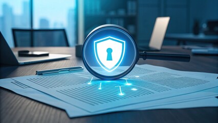 cybersecurity malware resilience, A under 200 characters: A magnifying glass with a digital security shield hovers over documents on an office desk, symbolizing data protection and cybersecurity.